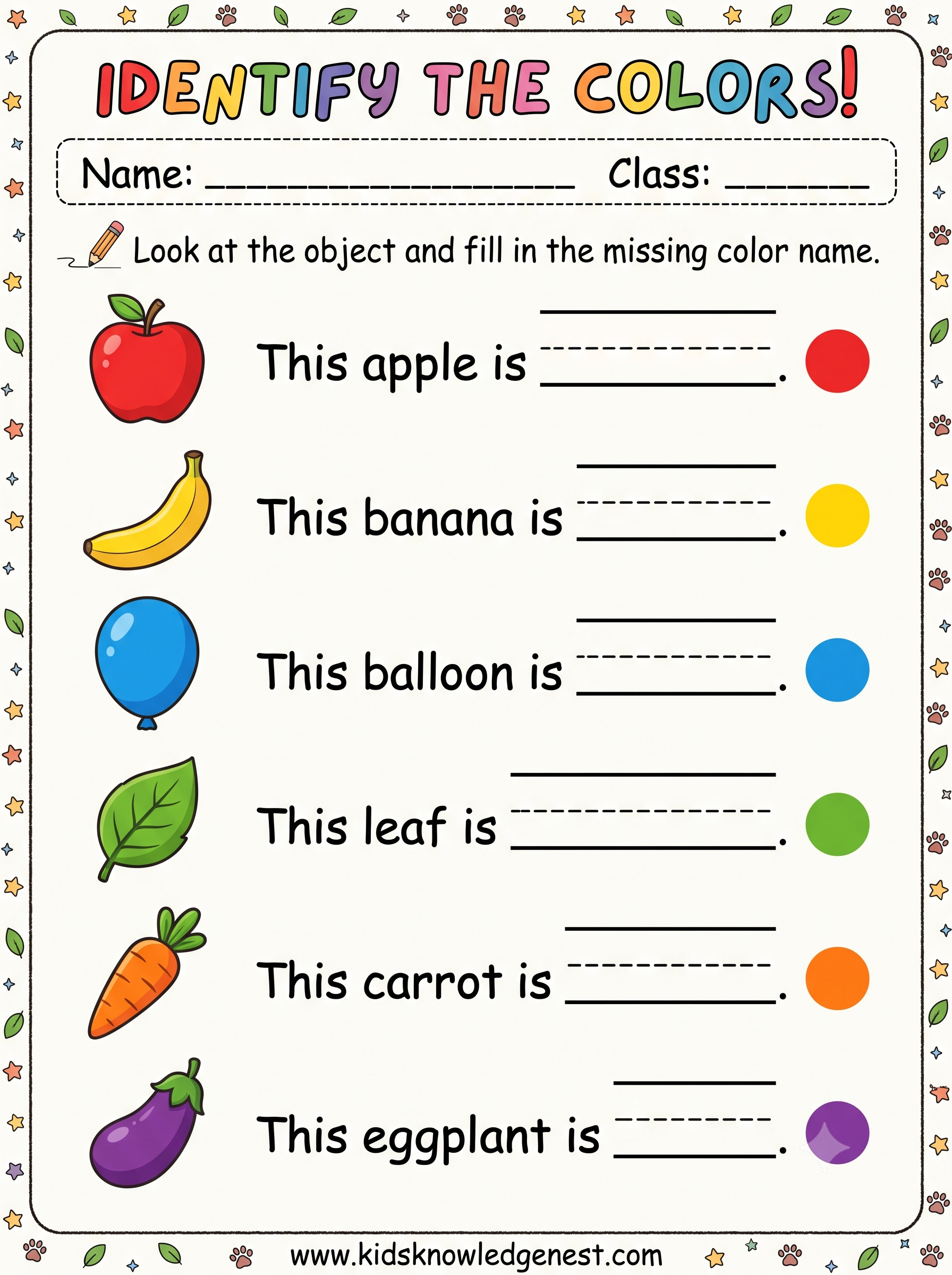 Download printable color matching worksheet for primary kids. Features images of fruits, animals, and objects with fill-in-the-blank color options