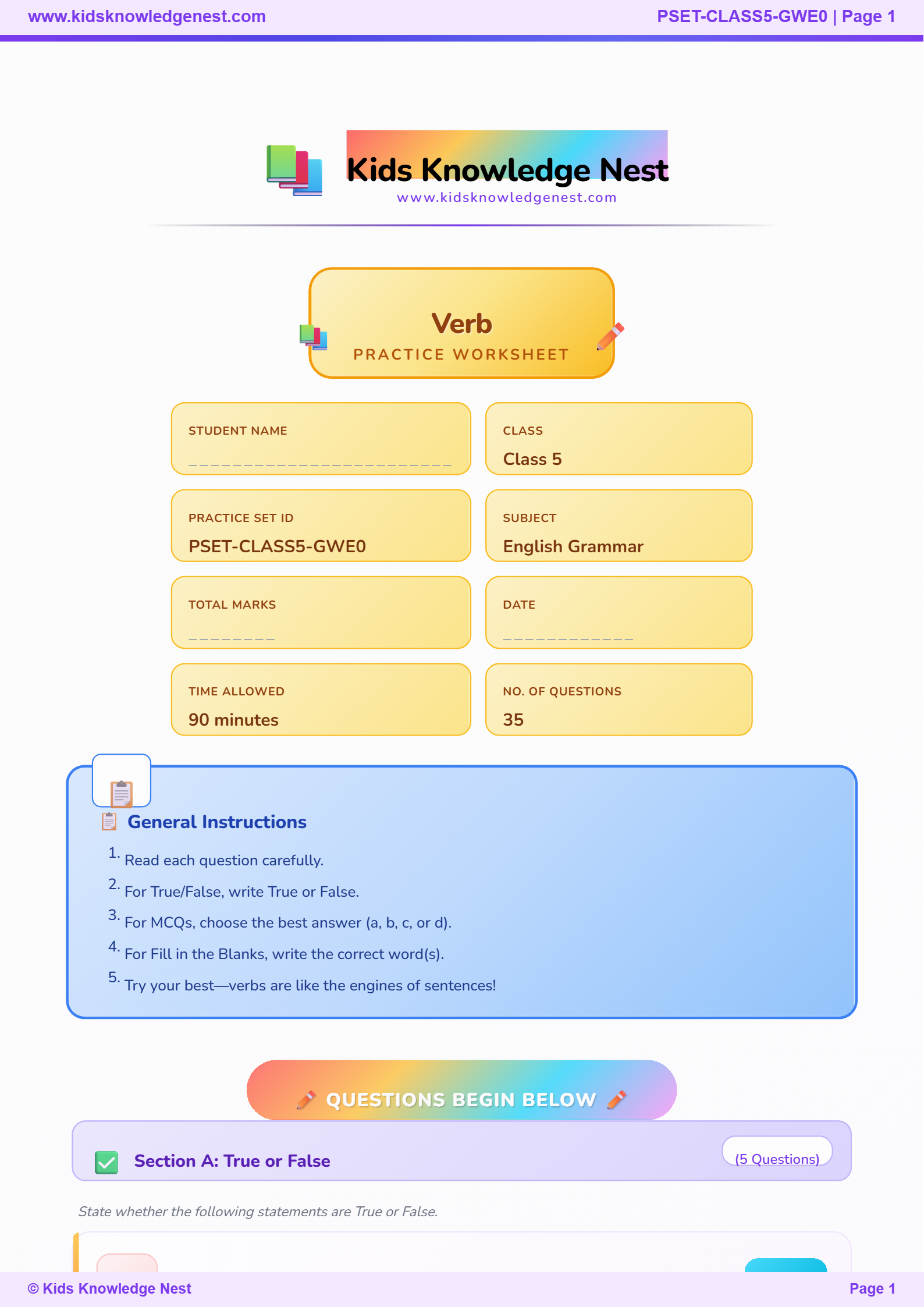 Class 5 verbs worksheet with 30 English grammar questions covering action verbs, helping verbs, main verbs, verb forms, and identification of verbs