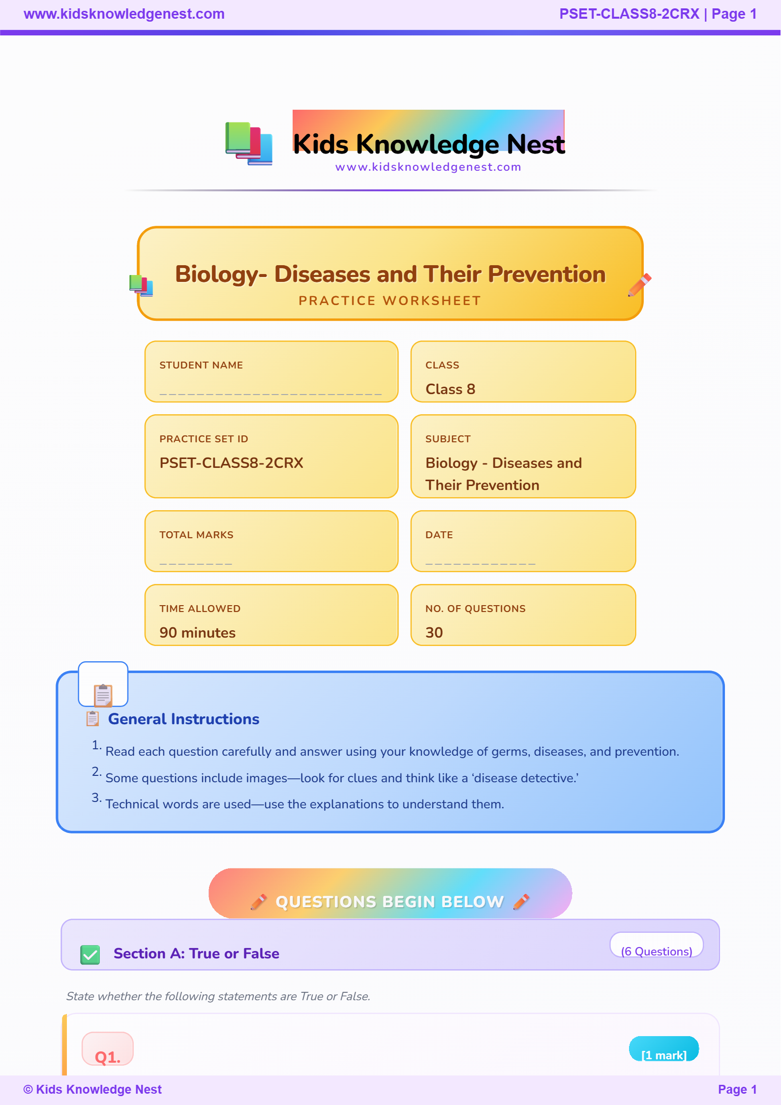 Class 8 Science worksheet about diseases and their prevention, covering tuberculosis, bacterial and viral diseases, influenza, swine flu, germs, disease transmission and preventive measures from KidsKnowledgeNest.com.